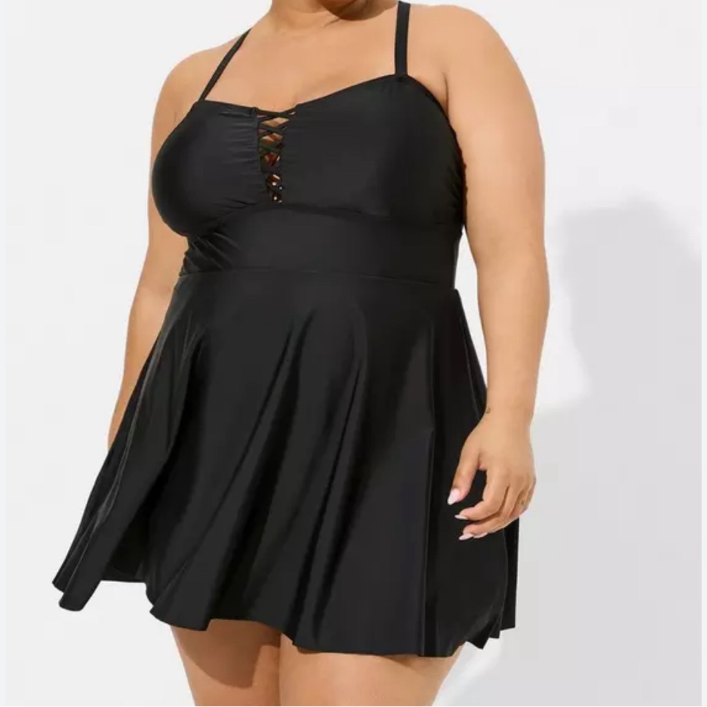 Torrid Black Lattice Front Peplum Long Swim Dress 2x New